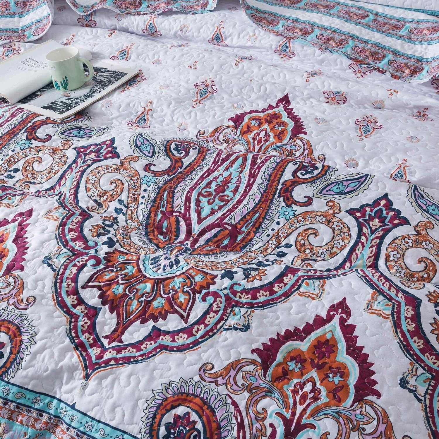 DaDa Bedding Bohemian Summertime White Blue Floral Paisley Bedspread Set (KSX-003) Bedspreads by DaDalogy Bedding Collection