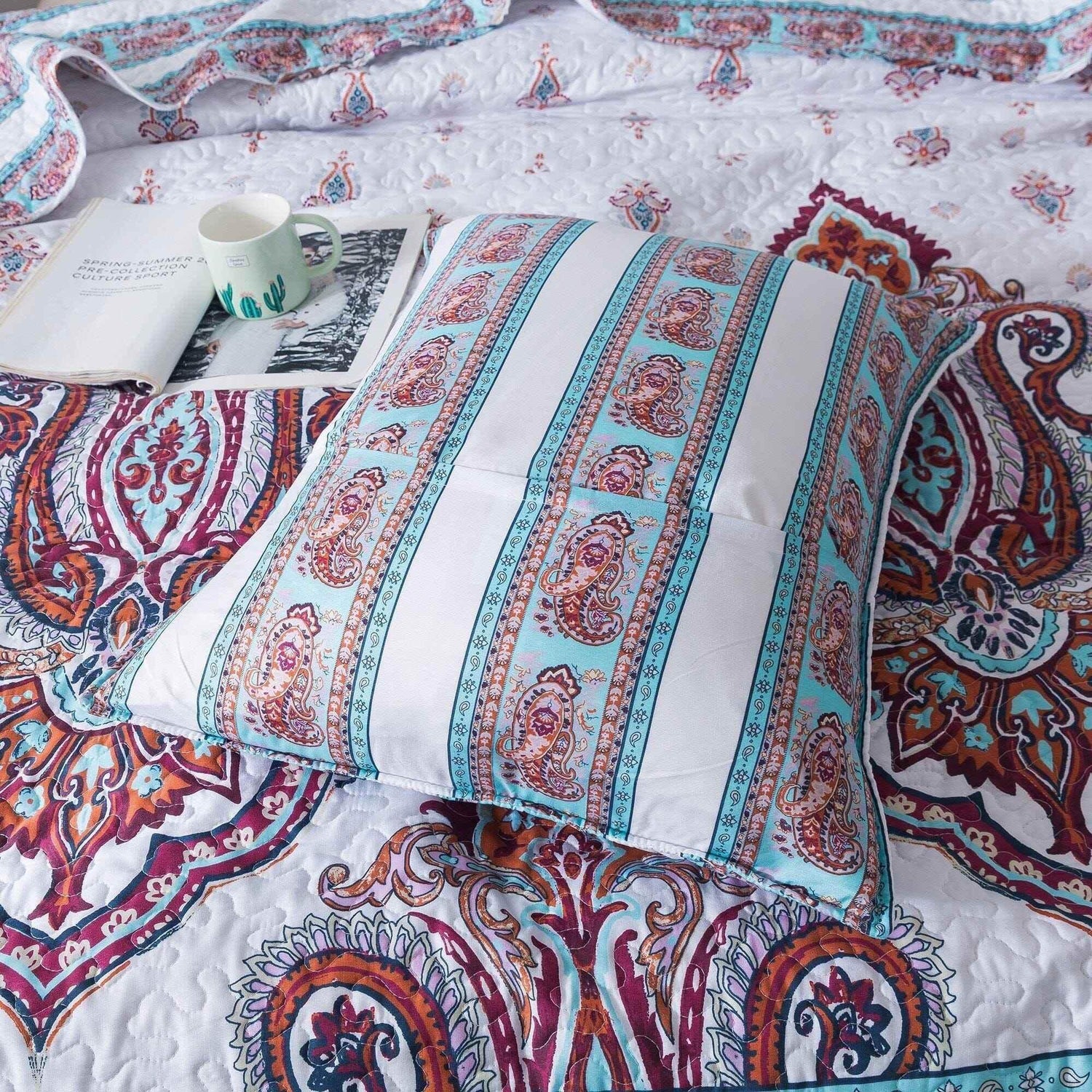 DaDa Bedding Bohemian Summertime White Blue Floral Paisley Bedspread Set (KSX-003) Bedspreads by DaDalogy Bedding Collection