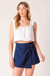 TAKING TIME OFF DENIM WOVEN SKORT SHORTS by Flying Tomato