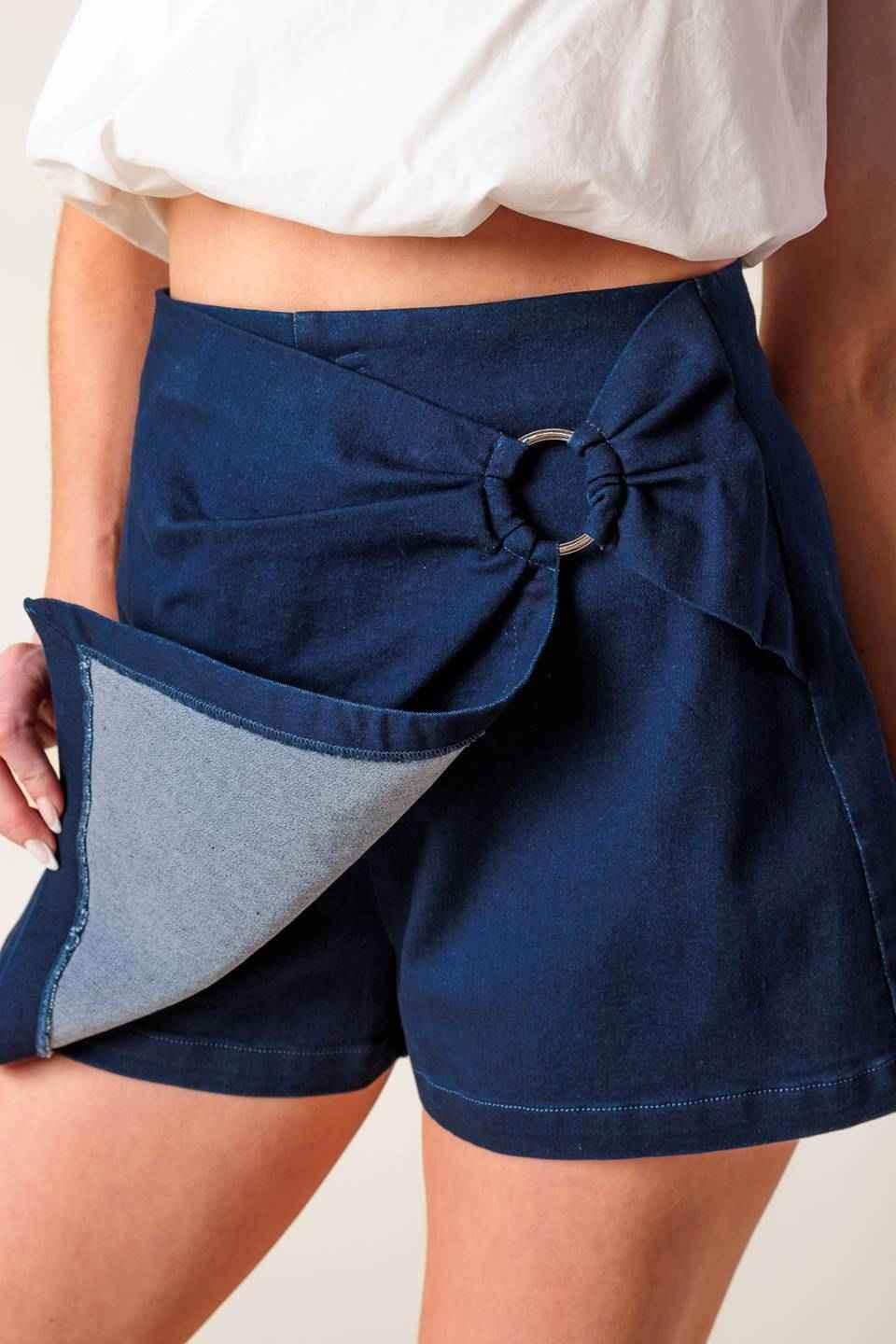 TAKING TIME OFF DENIM WOVEN SKORT SHORTS by Flying Tomato