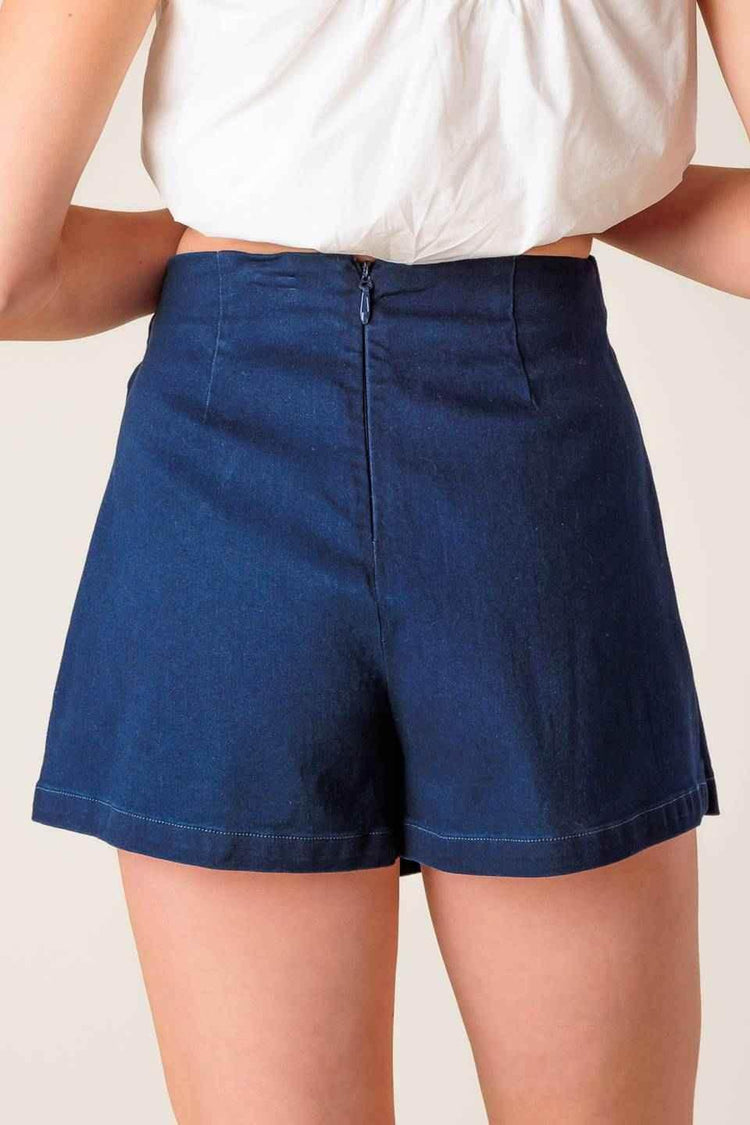 TAKING TIME OFF DENIM WOVEN SKORT SHORTS by Flying Tomato