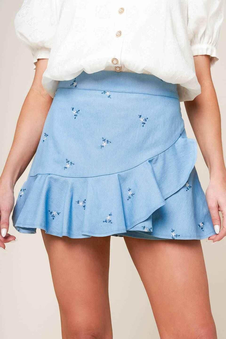 MOMENT OF CLARITY LIGHT INDIGO WOVEN SKORT SHORTS by Flying Tomato