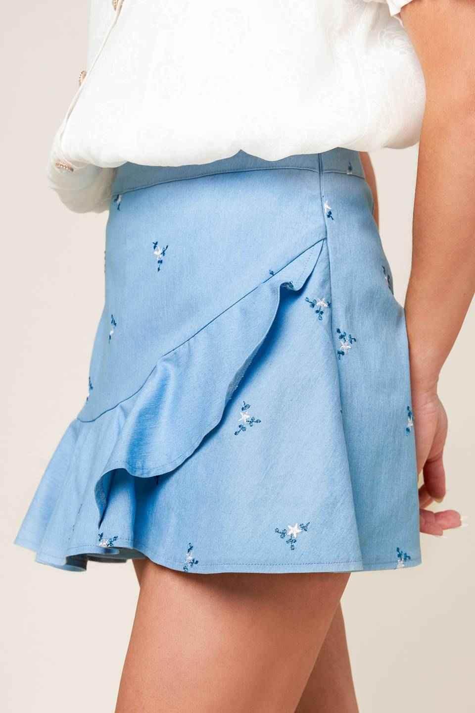 MOMENT OF CLARITY LIGHT INDIGO WOVEN SKORT SHORTS by Flying Tomato