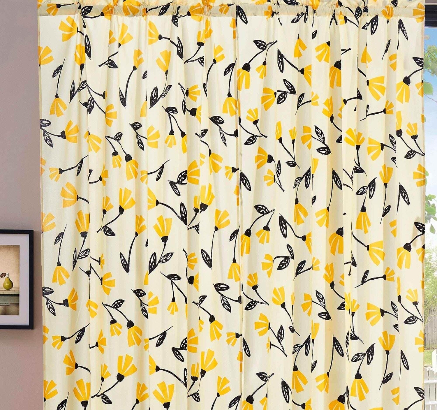 DaDa Bedding Set of 2 Botanical Floral Window Curtain Panels - Natural Semi Sheer Yellow Fleur Golden Orange Spring Time Tulips Straight Tailored Edge Curtains by DaDalogy Bedding Collection