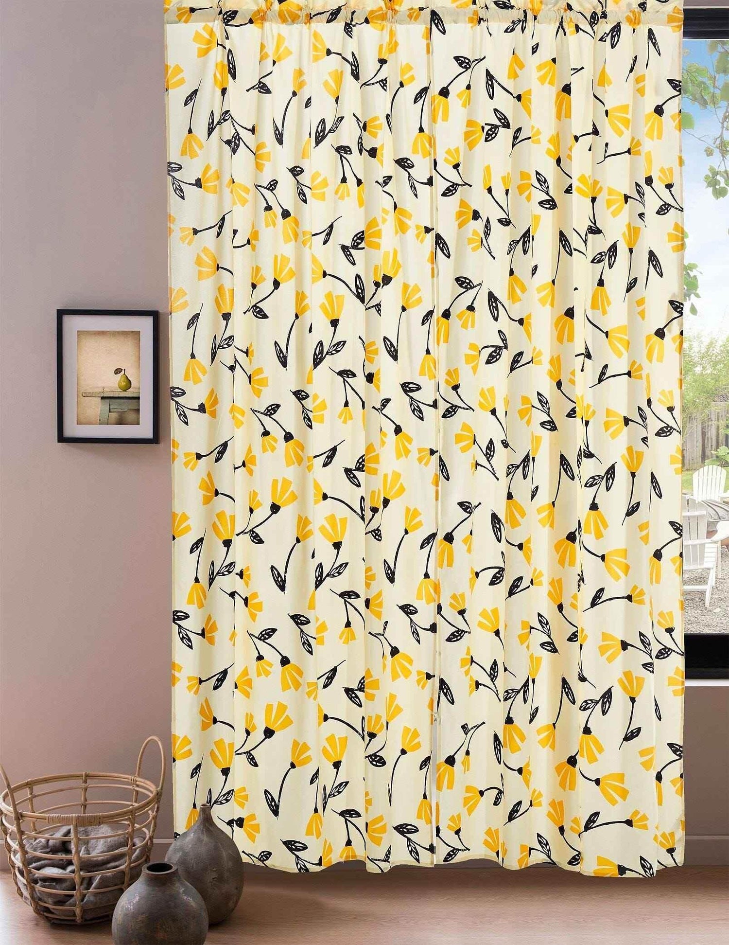 DaDa Bedding Set of 2 Botanical Floral Window Curtain Panels - Natural Semi Sheer Yellow Fleur Golden Orange Spring Time Tulips Straight Tailored Edge Curtains by DaDalogy Bedding Collection