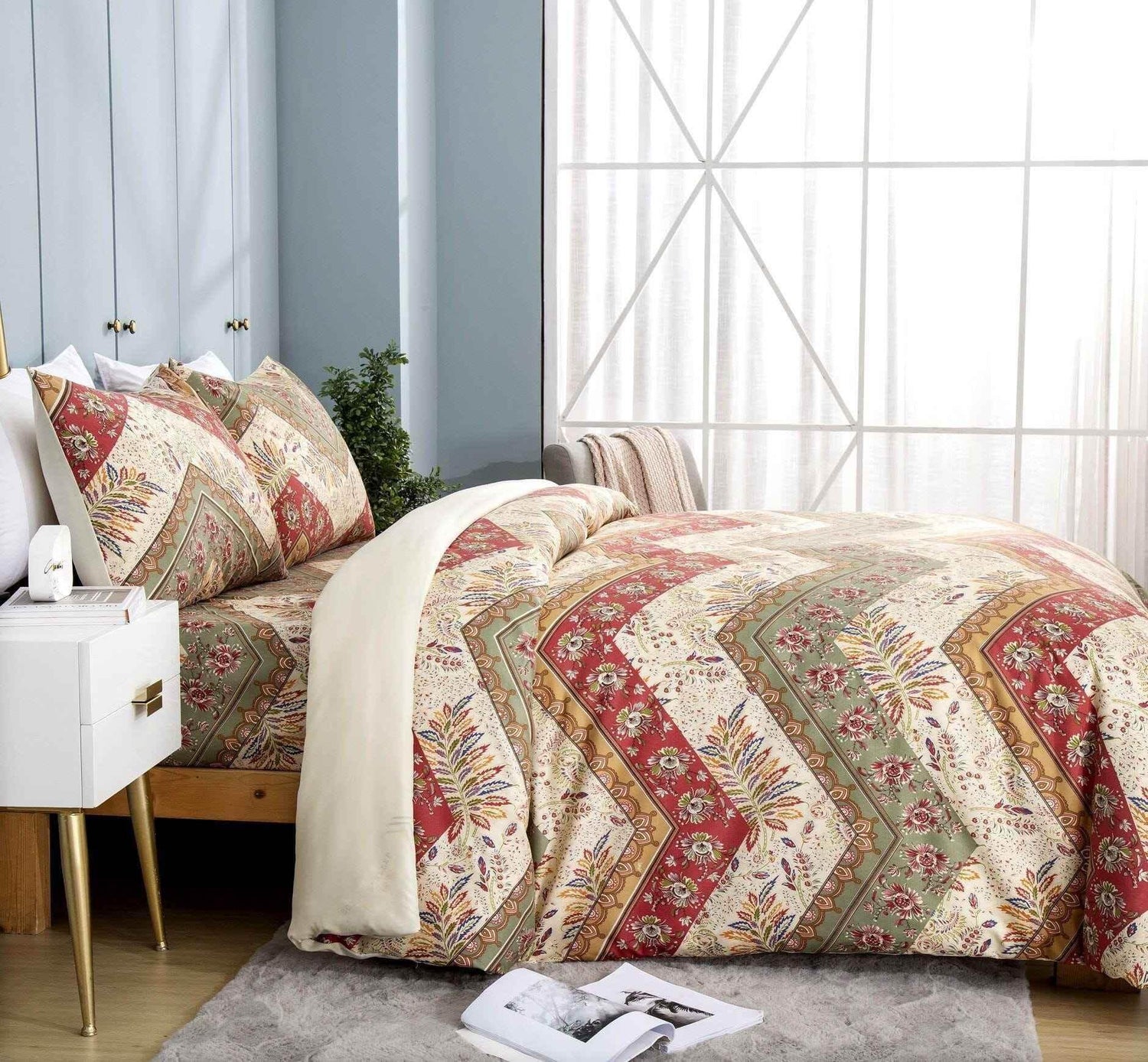 DaDa Bedding Botanical Cranberry Sage Chevron Floral Duvet Cover Set w/ Pillow Cases (JHW-924) Duvet Covers by DaDalogy Bedding Collection