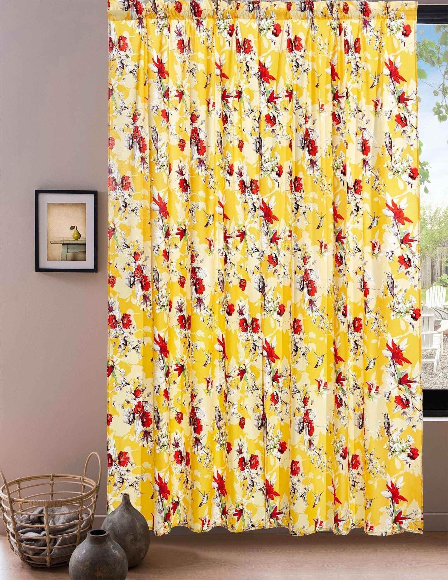 DaDa Bedding Set of 2 Radiant Sunshine Yellow Floral Window Curtain Panels - Natural Semi Sheer Hummingbirds Farmhouse Red Flowers Straight Tailored Edge Curtains by DaDalogy Bedding Collection