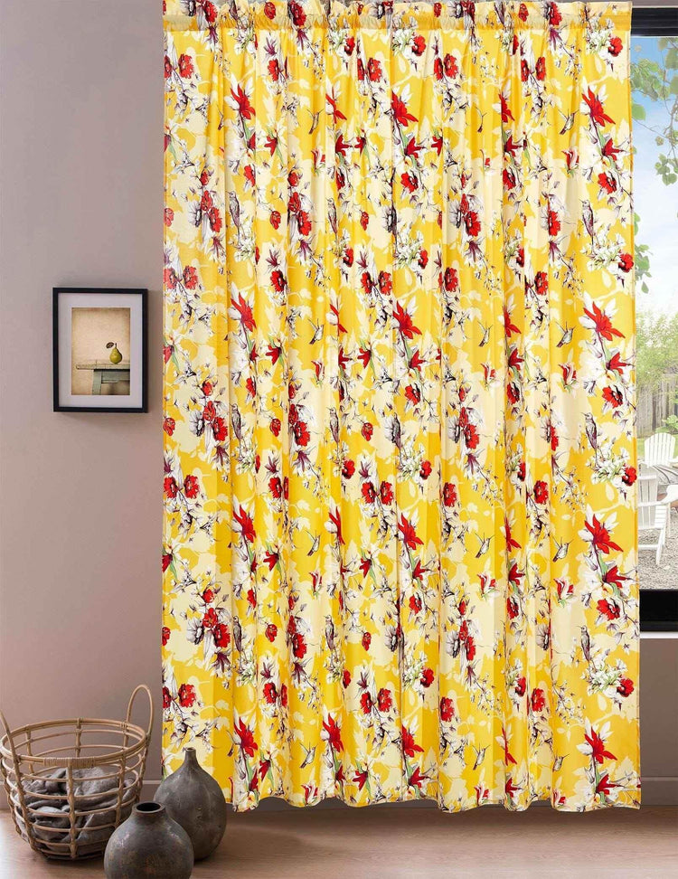 DaDa Bedding Set of 2 Radiant Sunshine Yellow Floral Window Curtain Panels - Natural Semi Sheer Hummingbirds Farmhouse Red Flowers Straight Tailored Edge Curtains by DaDalogy Bedding Collection