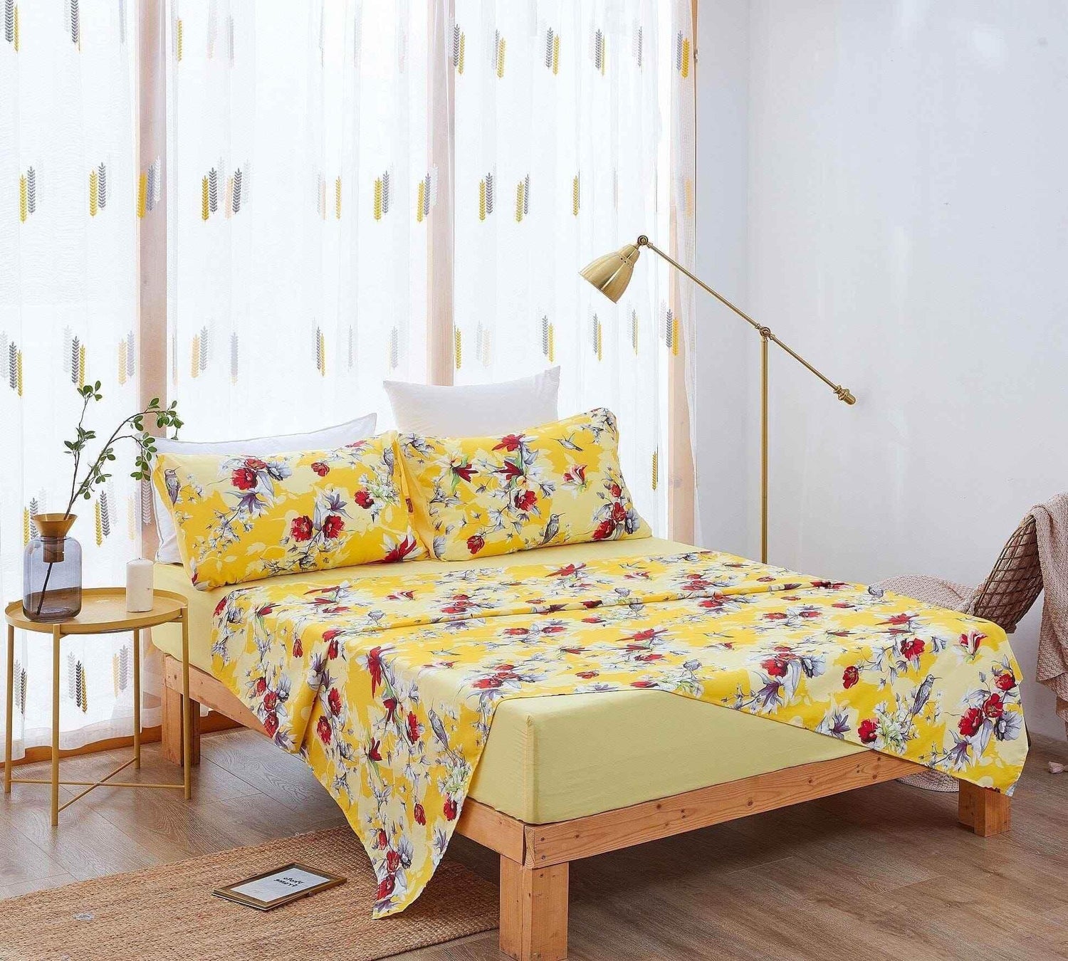 DaDa Bedding Sunshine Yellow Hummingbirds Floral Fitted & Flat Bed Sheets Set (JHW-925) Bed Sheets by DaDalogy Bedding Collection