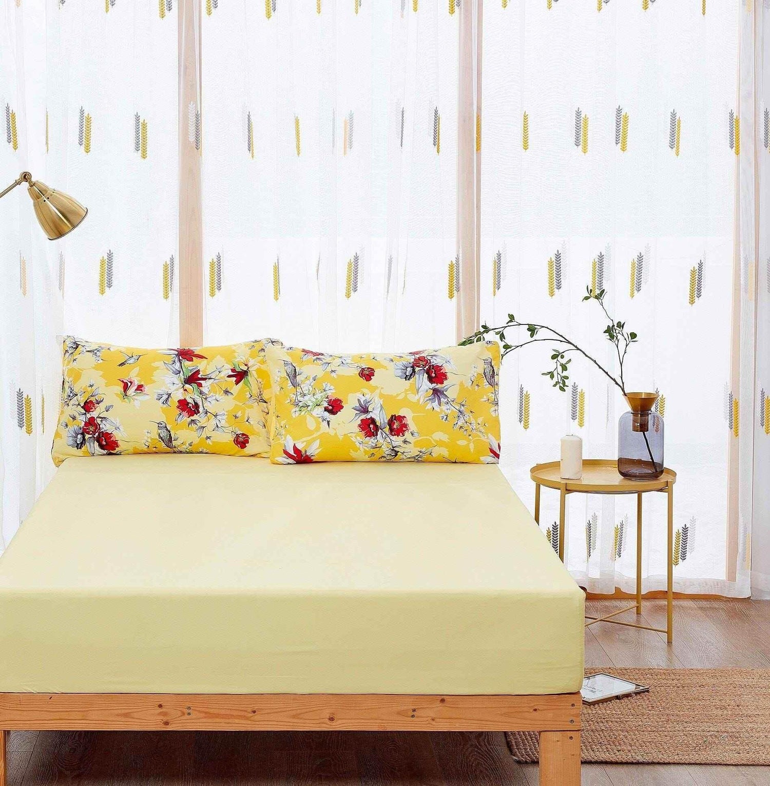 DaDa Bedding Sunshine Yellow Hummingbirds Floral Fitted & Flat Bed Sheets Set (JHW-925) Bed Sheets by DaDalogy Bedding Collection