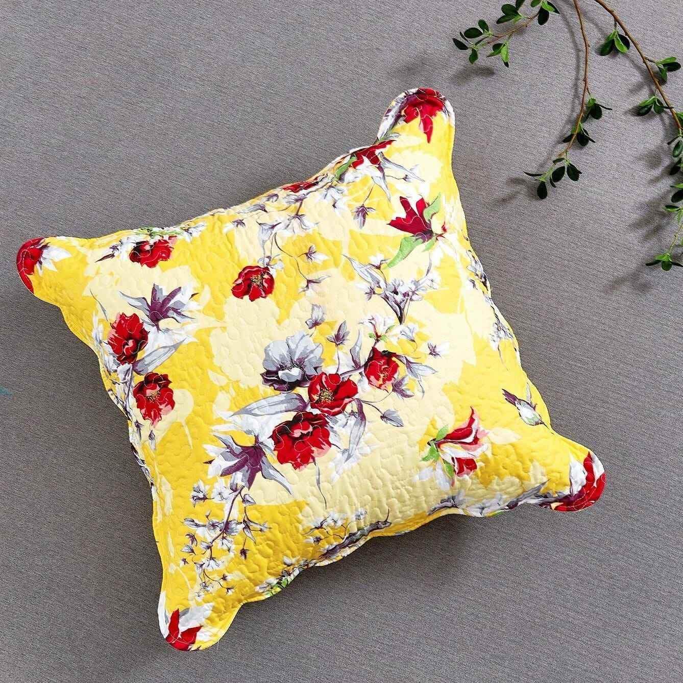 DaDa Bedding Sunshine Yellow Hummingbirds Floral Scalloped Euro Pillow Sham Cover, 26" x 26" (JHW925) Throw Pillow Covers by DaDalogy Bedding Collection
