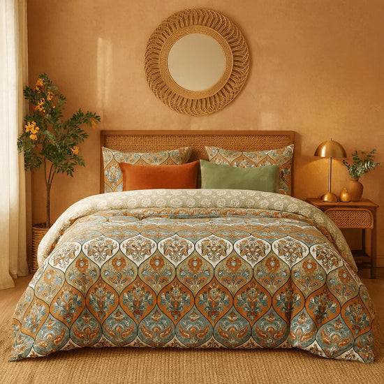 DaDalogy Bedding Bohemian Duvet Cover w/Pillow Cases - Reversible Coral Teal Floral Paisley Botanical Garden Party - Bright Vibrant Multi-Colorful Blue Salmon Pink Duvet Covers by DaDalogy Bedding Collection