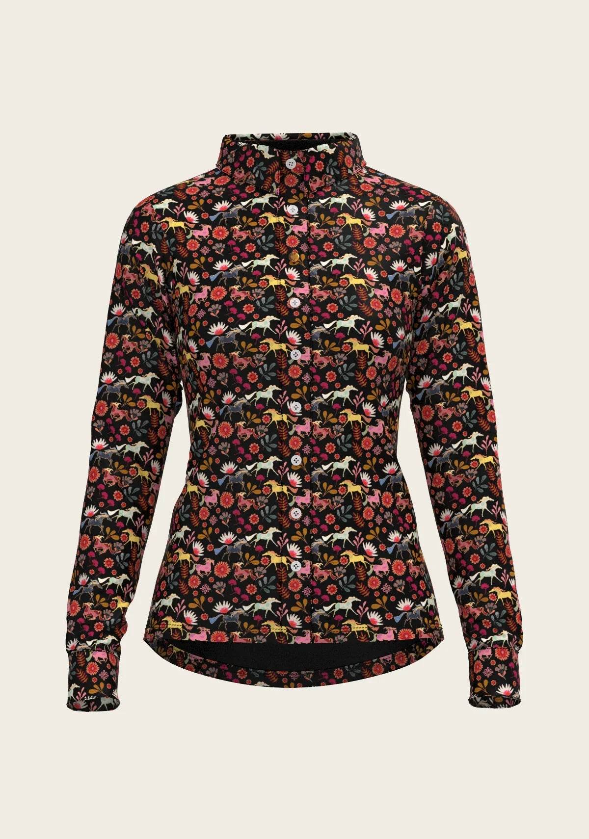 Bouquet on Black Ladies Button Shirt ESPOIR RIDER APPAREL by Espoir Equestrian