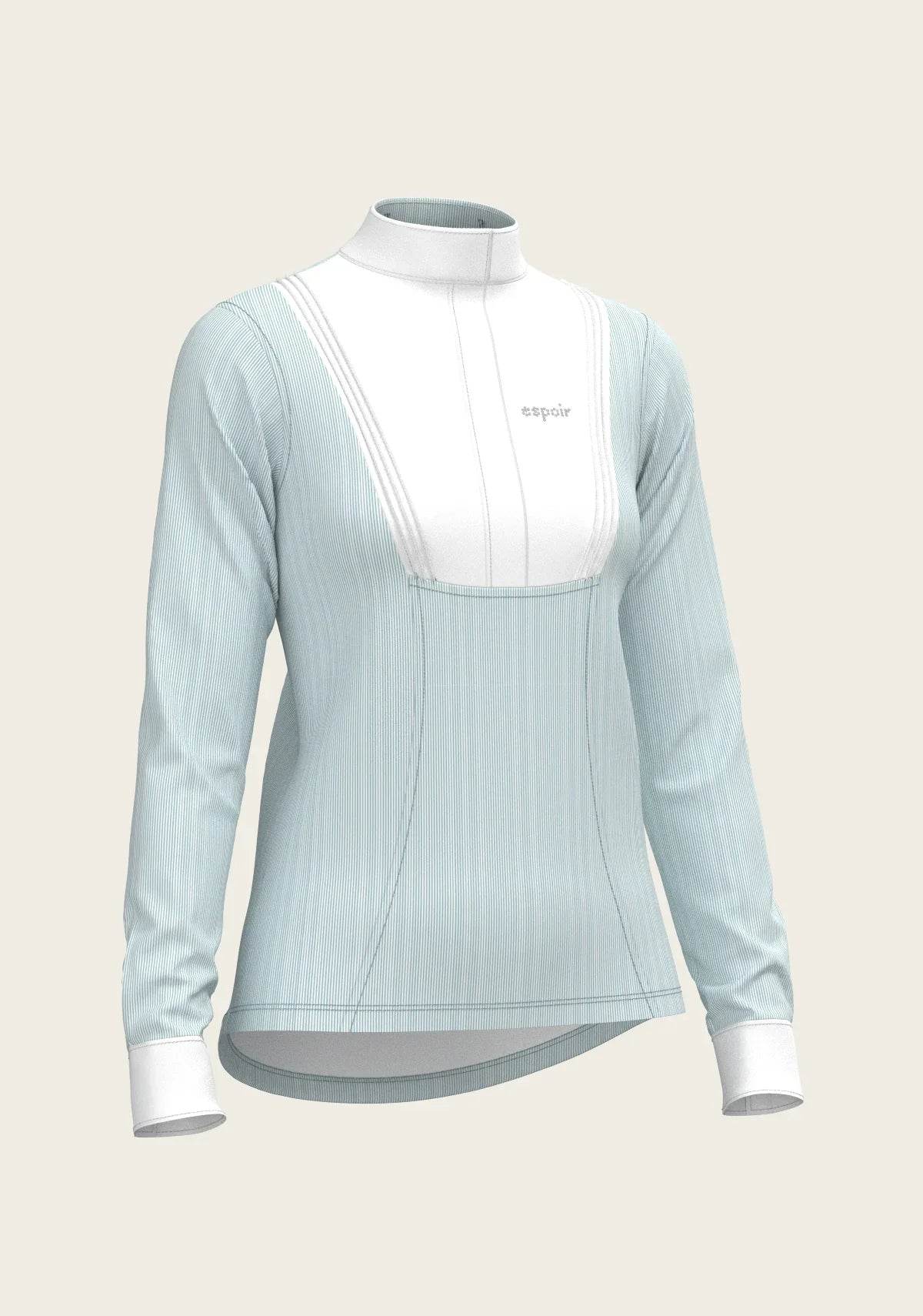 Stripes in Sky Blue Short Pleated Long Sleeve Show Shirt ESPOIR RIDER APPAREL by Espoir Equestrian