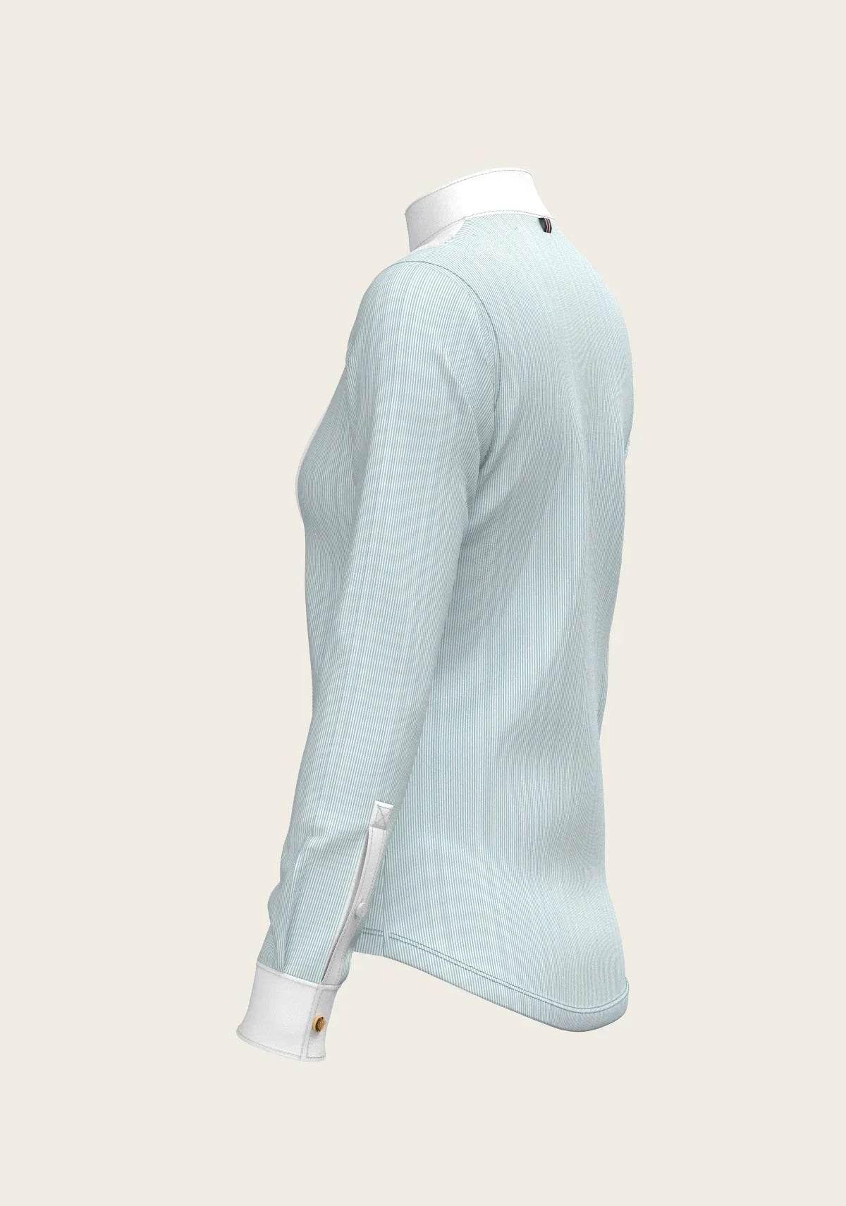 Stripes in Sky Blue Short Pleated Long Sleeve Show Shirt ESPOIR RIDER APPAREL by Espoir Equestrian