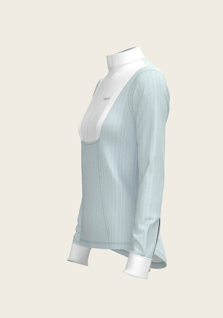 Stripes in Sky Blue Short Pleated Long Sleeve Show Shirt ESPOIR RIDER APPAREL by Espoir Equestrian