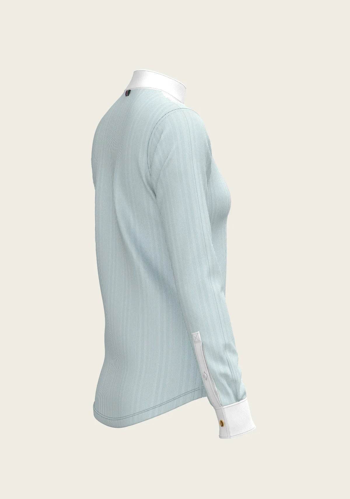 Stripes in Sky Blue Short Pleated Long Sleeve Show Shirt ESPOIR RIDER APPAREL by Espoir Equestrian