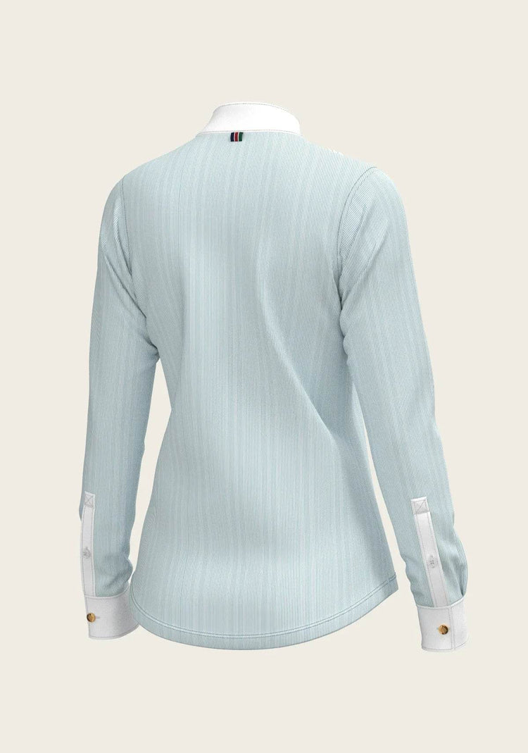 Stripes in Sky Blue Short Pleated Long Sleeve Show Shirt ESPOIR RIDER APPAREL by Espoir Equestrian