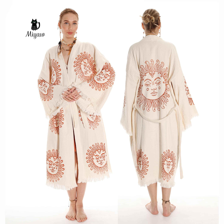 Unique Sun Stamped Robe: Eco-Friendly Organic Cotton Boho Kimono Bathrobe by Miyawfashion