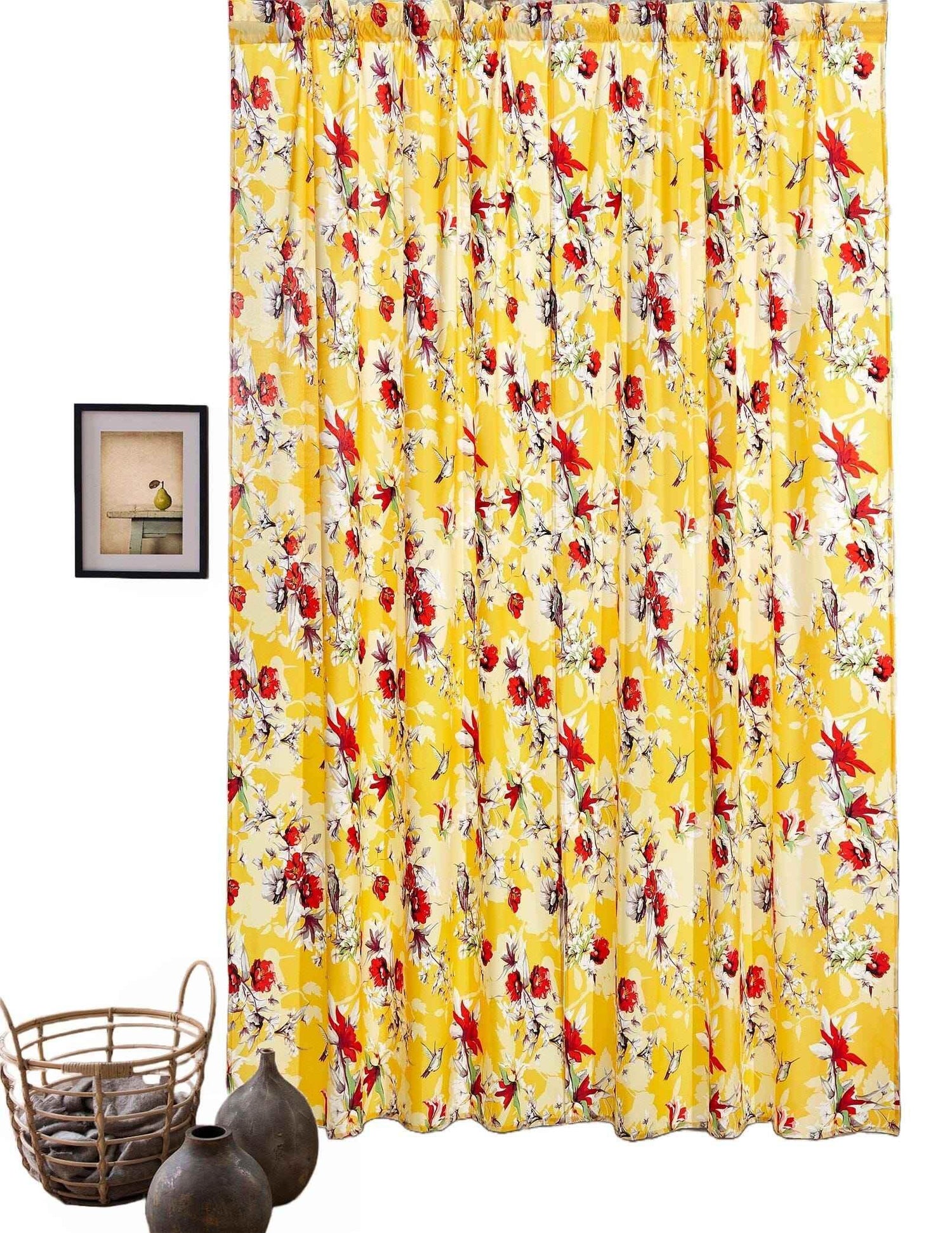 DaDa Bedding Set of 2 Radiant Sunshine Yellow Floral Window Curtain Panels - Natural Semi Sheer Hummingbirds Farmhouse Red Flowers Straight Tailored Edge Curtains by DaDalogy Bedding Collection