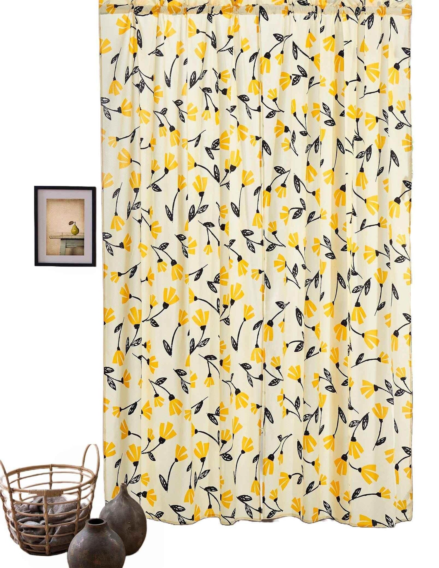 DaDa Bedding Set of 2 Botanical Floral Window Curtain Panels - Natural Semi Sheer Yellow Fleur Golden Orange Spring Time Tulips Straight Tailored Edge Curtains by DaDalogy Bedding Collection