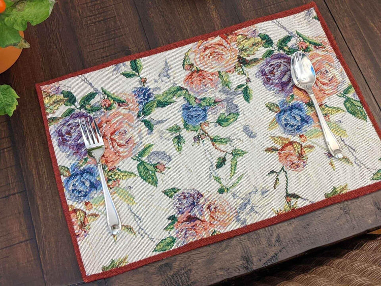 DaDa Bedding Set of 4-Pieces Vintage Romantic Roses Lovely Pink Floral Tapestry Placemats 13” x 19” (879) Placemat by DaDalogy Bedding Collection