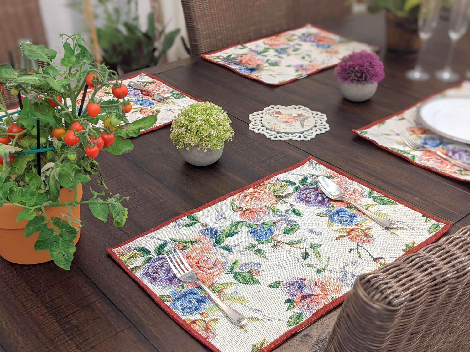 DaDa Bedding Set of 4-Pieces Vintage Romantic Roses Lovely Pink Floral Tapestry Placemats 13” x 19” (879) Placemat by DaDalogy Bedding Collection