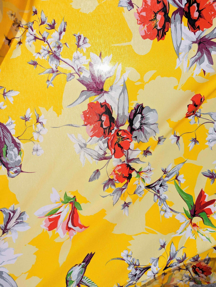 DaDa Bedding Set of 2 Radiant Sunshine Yellow Floral Window Curtain Panels - Natural Semi Sheer Hummingbirds Farmhouse Red Flowers Straight Tailored Edge Curtains by DaDalogy Bedding Collection