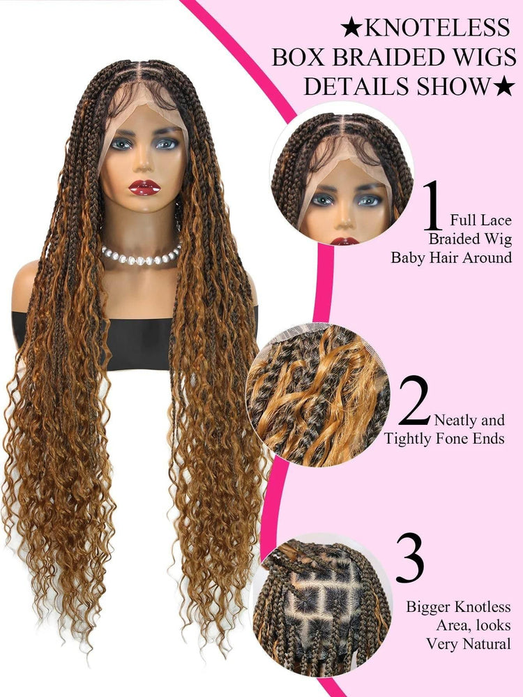 Boho Knotless Braided Wigs Synthetic Full Lace Braids With Curly Hair Ends Goddess Ombre Blonde Box Braided Wigs With Baby Hair Braided Wigs by DSERS / AliHairs Store