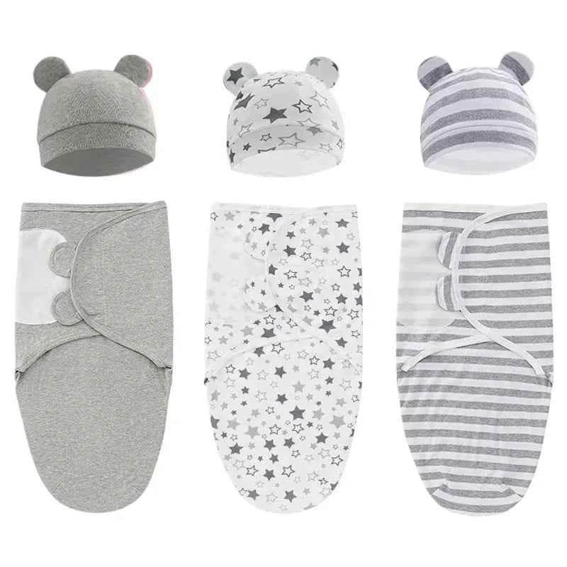 100% Organic Cotton Baby Swaddle Blanket Wrap Hat Set for Infant Adjustable Newborn Swaddle Baby Swaddle for 0-3 Month by DSERS