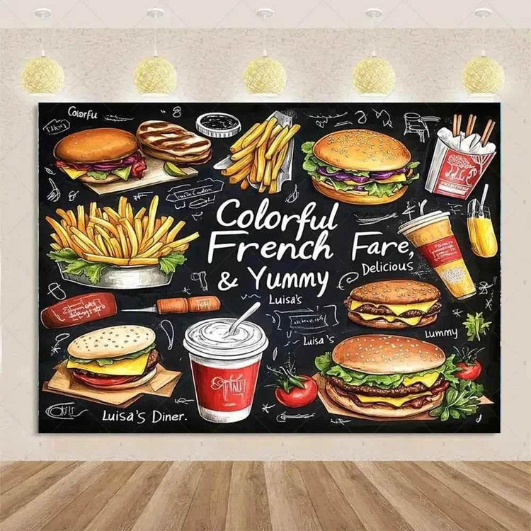 Quick Food Theme Birthday Party Decoration Hamburger French Fries Pizza Background Banner Photography Backdrop Supplies Kid Gift by DSERS