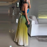 Women O-neck Lace Up Backless Holiday Dress Elegant High Waist Loose Party Dresses New Gradient Printed Pleated Long Dress women dress by DSERS