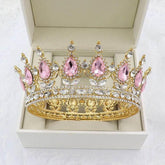 Luxury Retro Gold Color Pink Crystal Round Bridal Crown Classic Baroque Rhinestone Diadem Tiaras Women Wedding Hair Accessories Tiaras by DSERS