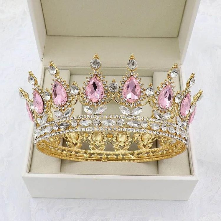 Luxury Retro Gold Color Pink Crystal Round Bridal Crown Classic Baroque Rhinestone Diadem Tiaras Women Wedding Hair Accessories Tiaras by DSERS