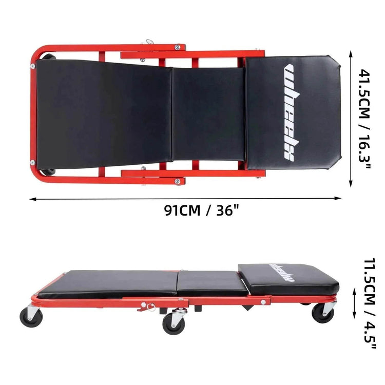 3-in-1 Rolling Mechanic Creeper Z Seat, Foldable Garage Chair Lay Down Sit Lean Back, Under Car Shop Auto Repair, Red Black Mechanic Creeper by DSERS