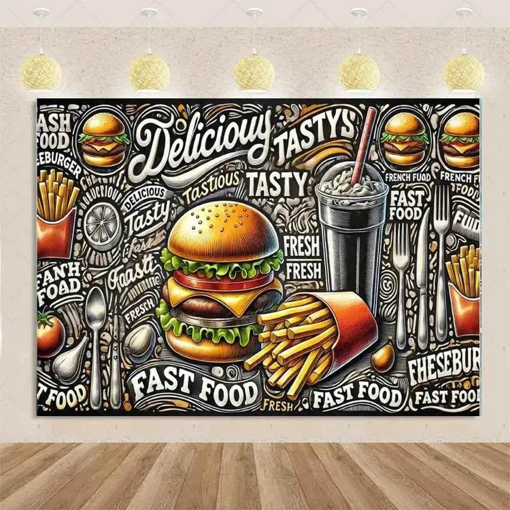 Quick Food Theme Birthday Party Decoration Hamburger French Fries Pizza Background Banner Photography Backdrop Supplies Kid Gift by DSERS
