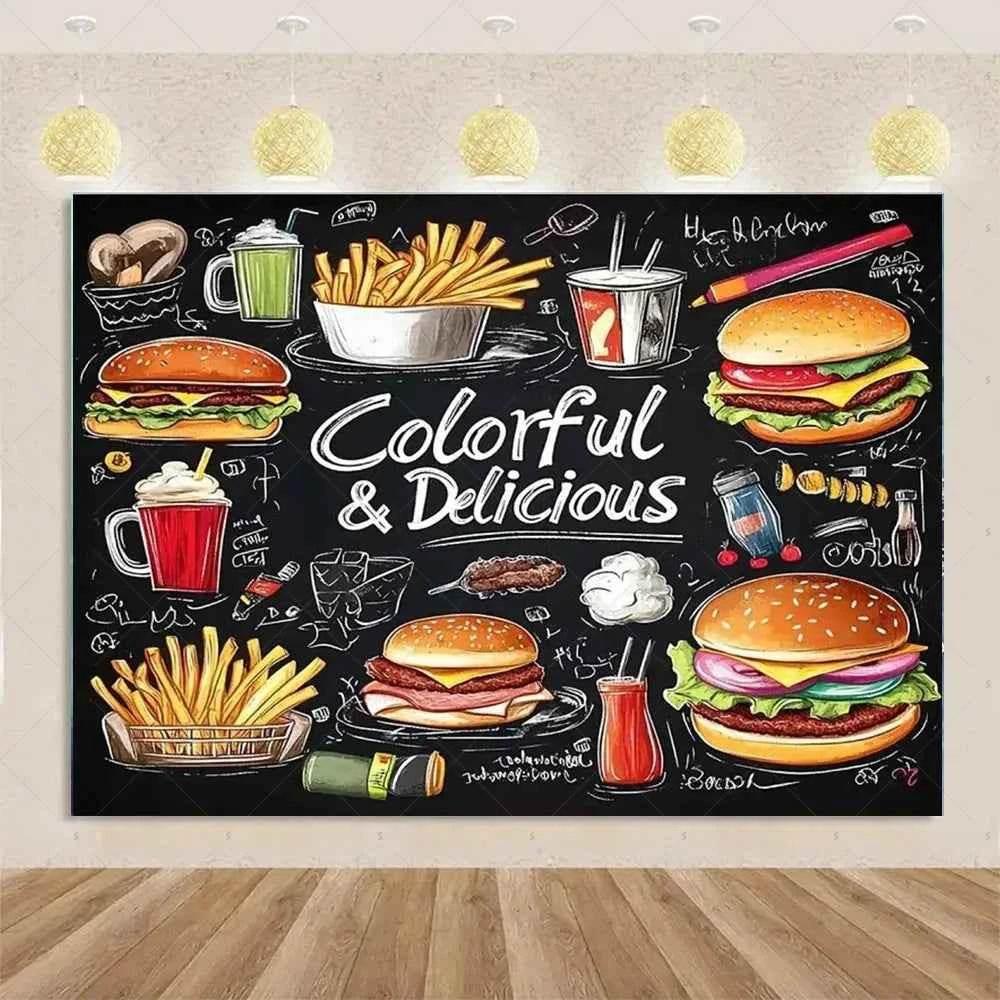 Quick Food Theme Birthday Party Decoration Hamburger French Fries Pizza Background Banner Photography Backdrop Supplies Kid Gift by DSERS
