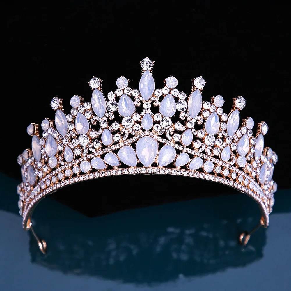 Baroque Pink Opal Crystal Bridal Crown Royal Queen Tiaras Rhinestone Pageant Prom Diadem Princess Wedding Crown Hair Accessories Tiaras by DSERS