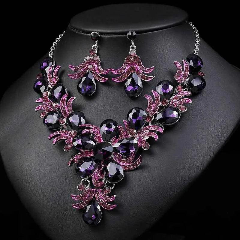 Luxury Purple Crystal Flower Jewelry Set for Women Rhinestone Stud Earrings & Necklace Wedding Party Accessory Bridal Gift by George Black