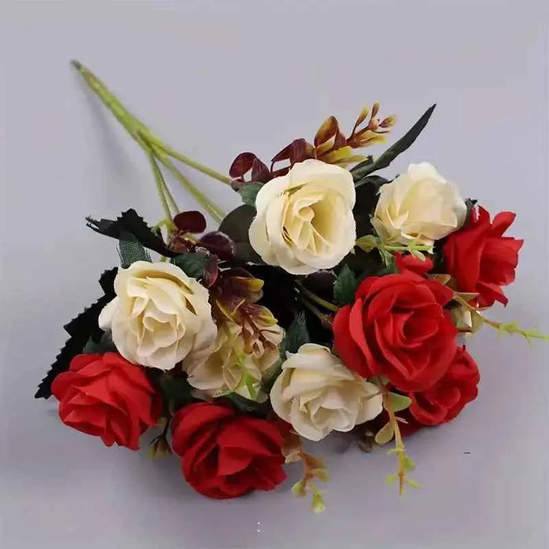 12 Heads Rose Artificial Flowers Fake Two color Flowers with Stems Faux Roses Flower Bouquets Home Wedding Christmas Party Decor by DSERS