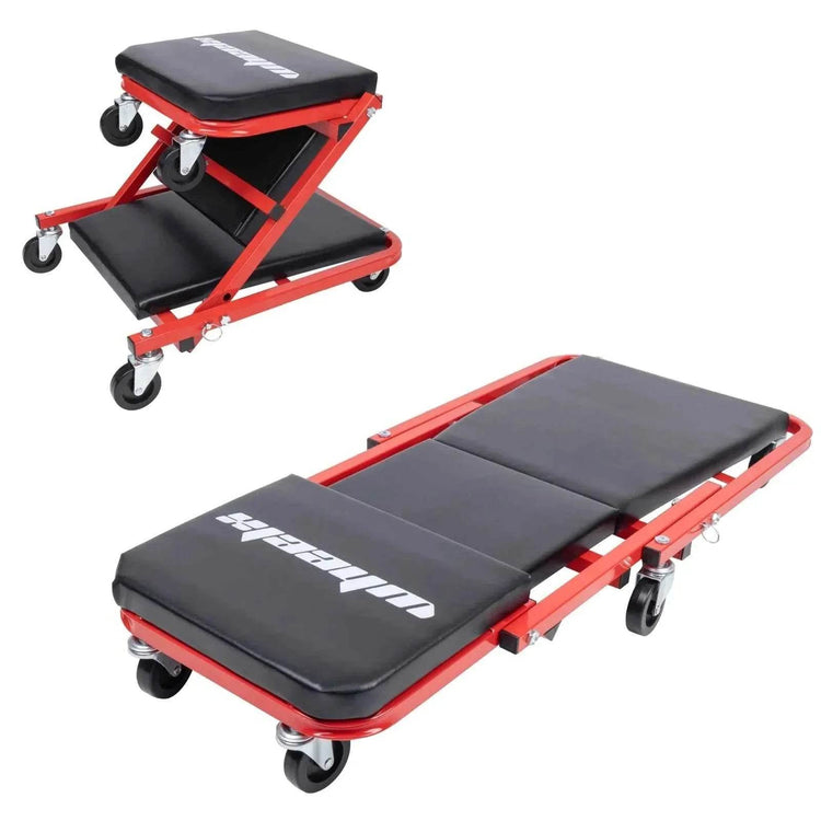 3-in-1 Rolling Mechanic Creeper Z Seat, Foldable Garage Chair Lay Down Sit Lean Back, Under Car Shop Auto Repair, Red Black Mechanic Creeper by DSERS