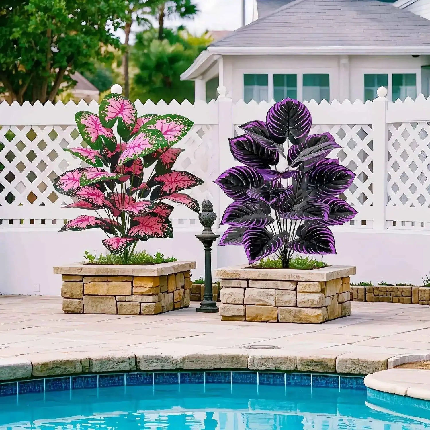 Set of 2 Artificial Caladium Plants with Purple Pink Leaf Faux Bonsai Plant by DSERS