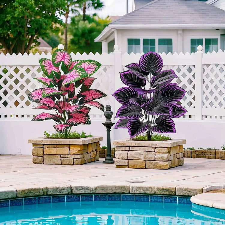Set of 2 Artificial Caladium Plants with Purple Pink Leaf Faux Bonsai Plant by DSERS
