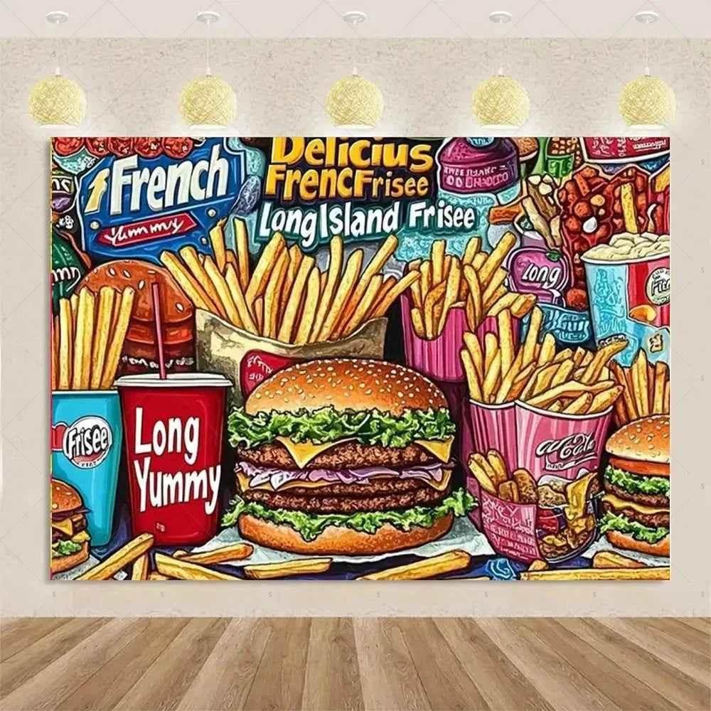 Quick Food Theme Birthday Party Decoration Hamburger French Fries Pizza Background Banner Photography Backdrop Supplies Kid Gift by DSERS