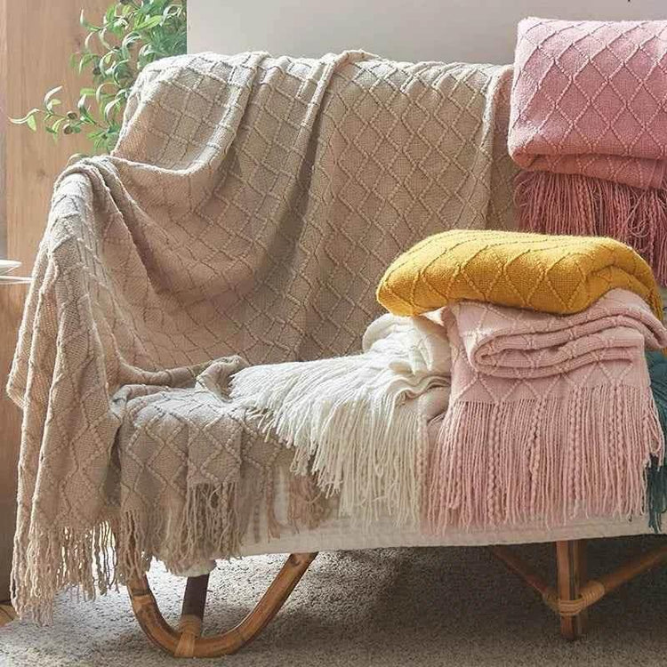 Bohemian Couch Blanket Large Knitted Tassel Throw for Bed Chair Sofa Couch Cover All-Season Blankets Home Decor Soft Comfortable by DSERS
