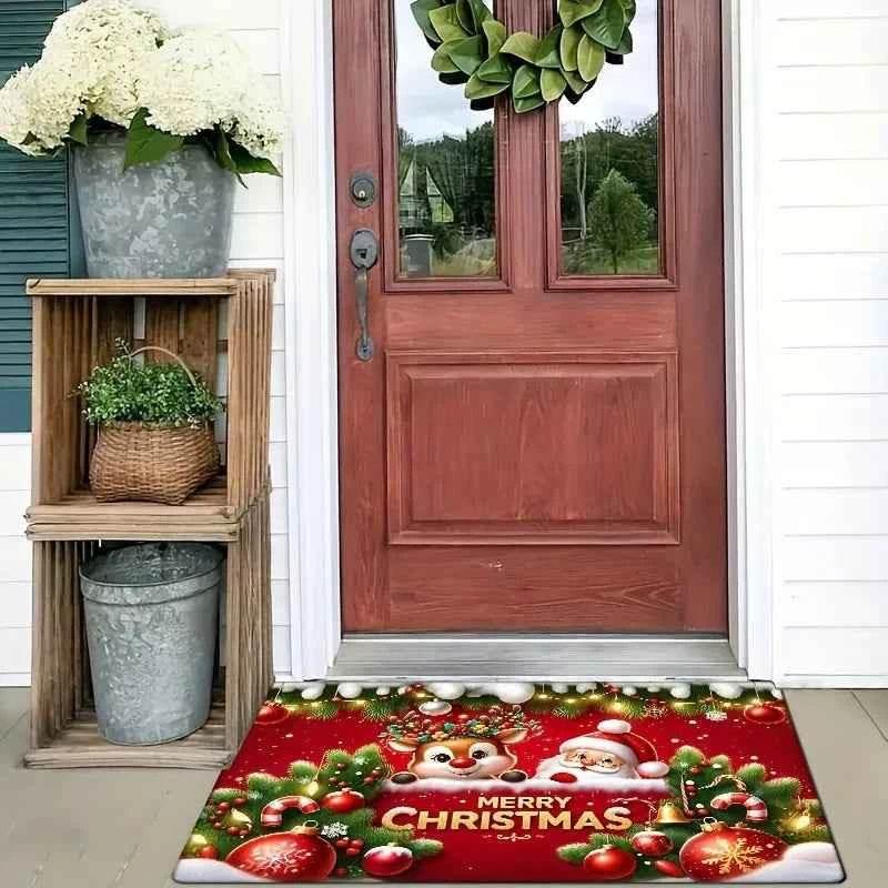 VIKAMA Red Flannel Christmas Santa Claus Entryway Rug Welcome Floor Mat Entrance Carpet Christmas Ornament Living Room Rugs by DSERS