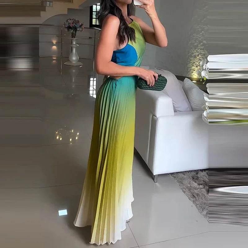 Women O-neck Lace Up Backless Holiday Dress Elegant High Waist Loose Party Dresses New Gradient Printed Pleated Long Dress women dress by DSERS
