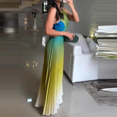 Women O-neck Lace Up Backless Holiday Dress Elegant High Waist Loose Party Dresses New Gradient Printed Pleated Long Dress women dress by DSERS