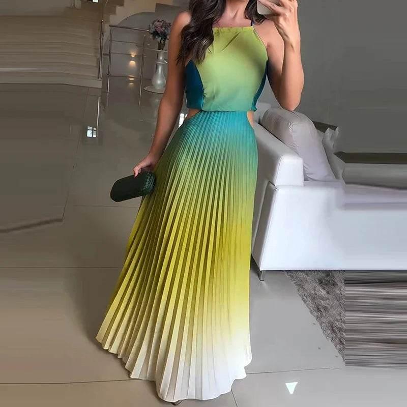 Women O-neck Lace Up Backless Holiday Dress Elegant High Waist Loose Party Dresses New Gradient Printed Pleated Long Dress women dress by DSERS
