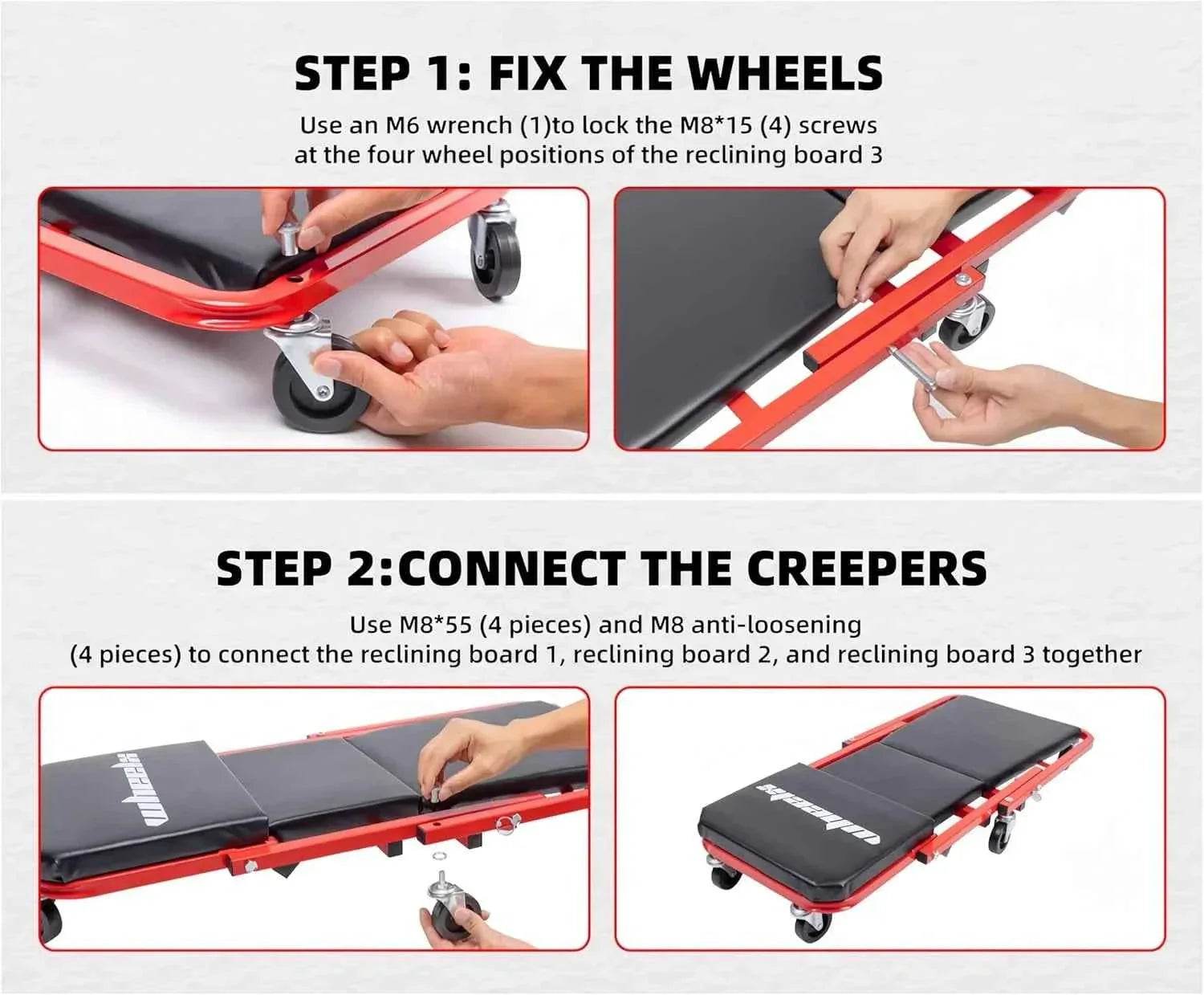 3-in-1 Rolling Mechanic Creeper Z Seat, Foldable Garage Chair Lay Down Sit Lean Back, Under Car Shop Auto Repair, Red Black Mechanic Creeper by DSERS
